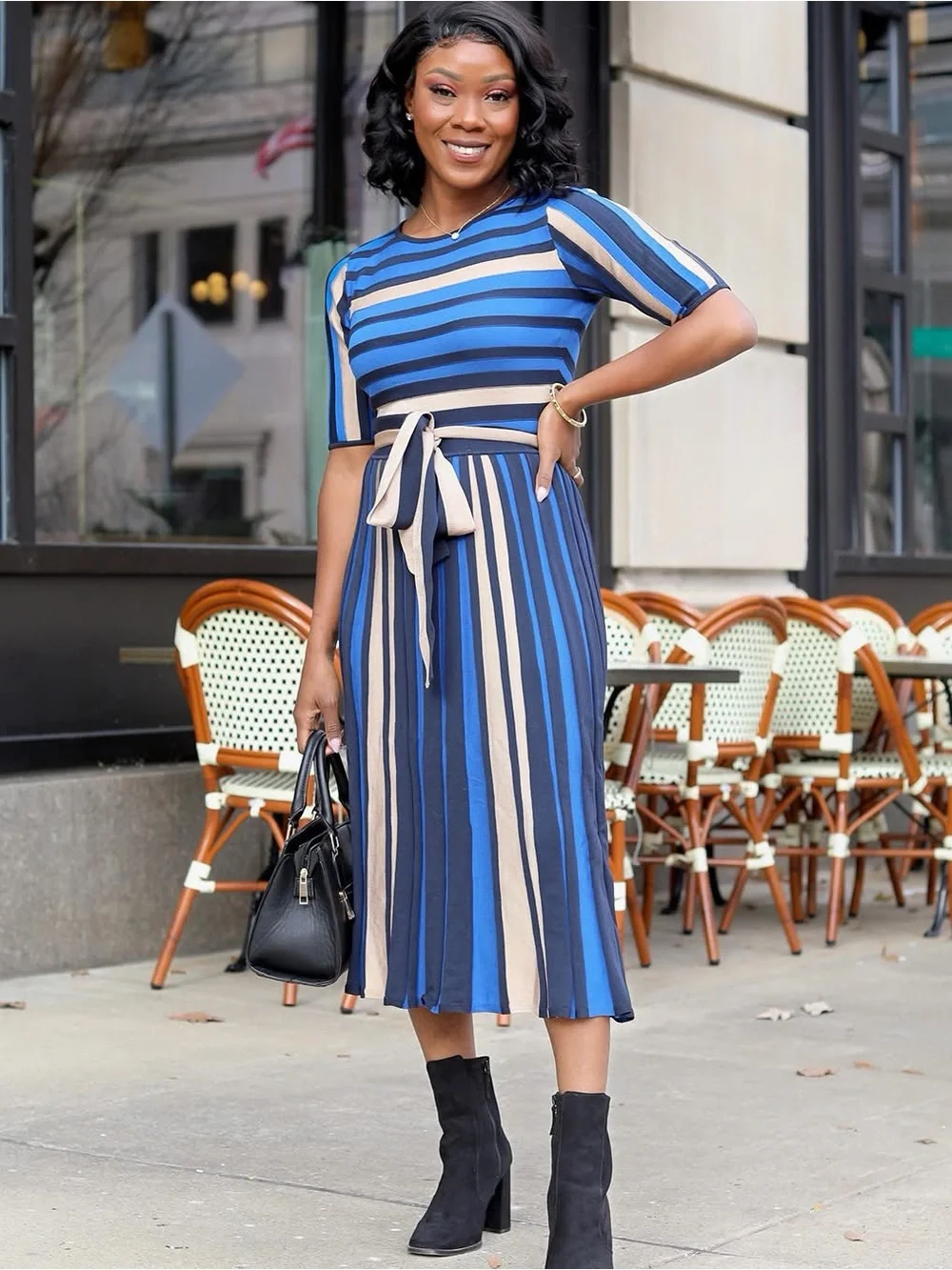 Ann Taylor Blue and Beige Striped Midi Dress